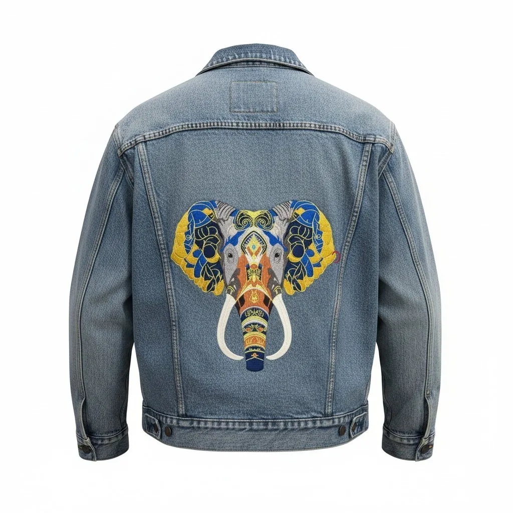 Detailed embroidered elephant on denim jacket